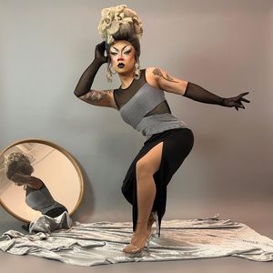 Vintage Late 90s Black Maxi Sheer Cut-Out Bondage Striped Criss-Cross Maxi Dress